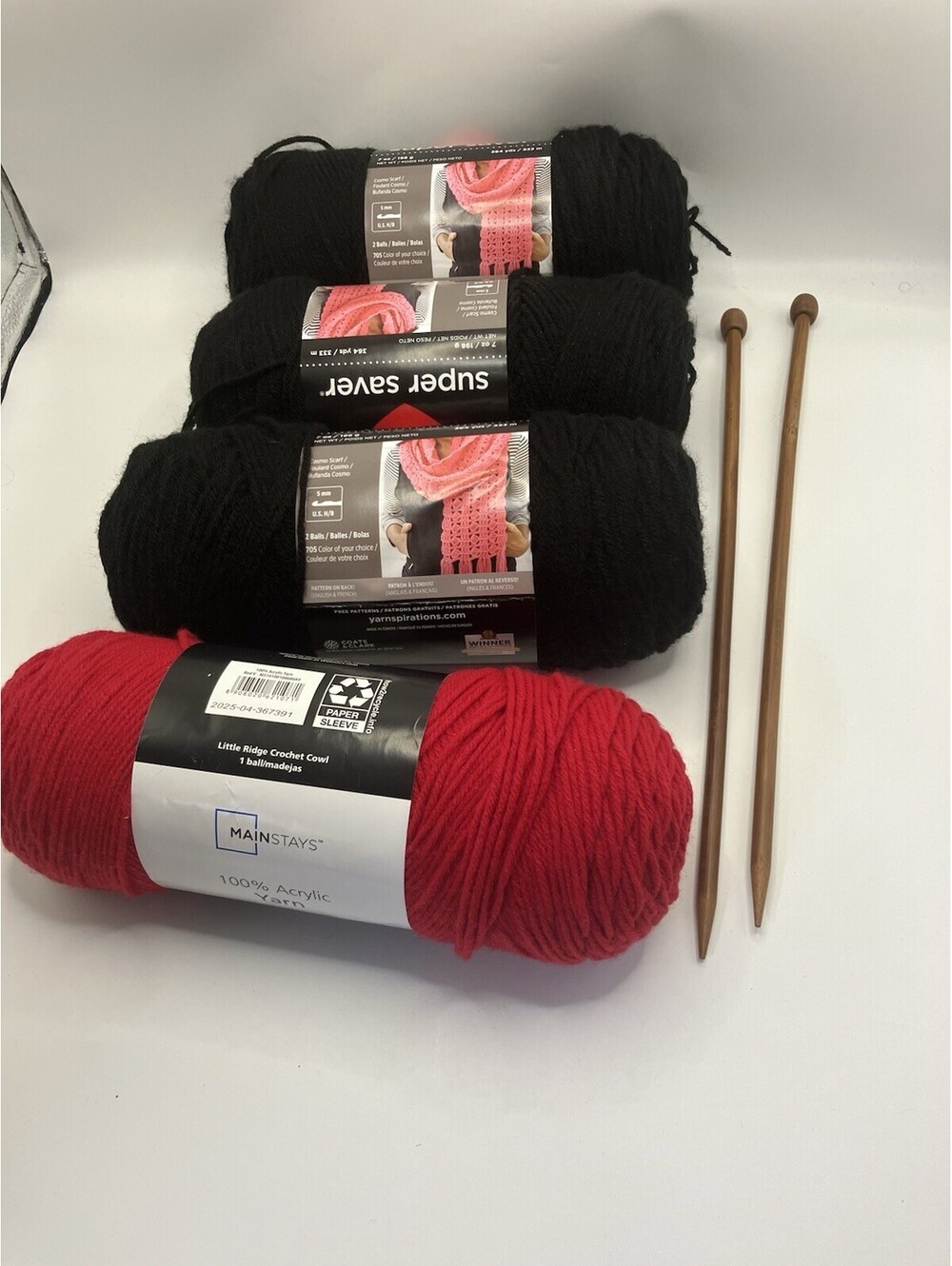 Lot Of 4 Red & Black Acrylic Yarn Mainstays & Super Saver Plus Knitting Needles